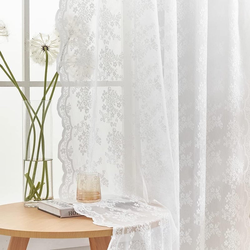 YJ YANJUN White Lace Curtains 102 inch Long 2 Panels Cottagecore Vibe Floral Sheer Curtains for Bedroom Sliding Glass Door Light Filtering Bohemian Farmhouse Country Decor W52 X L102 - Image 1